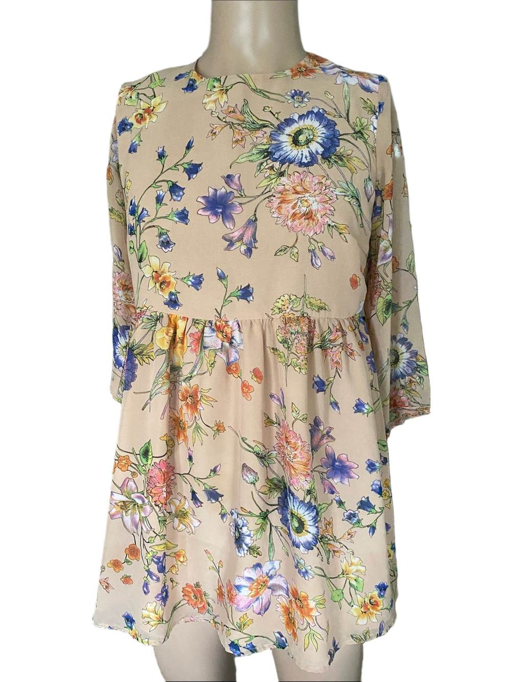 Lucca Floral Tiered Mini Dress in Beige with Pink & Blue Blooms